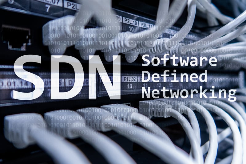 SDN, Software defined networking concept on modern server room background.