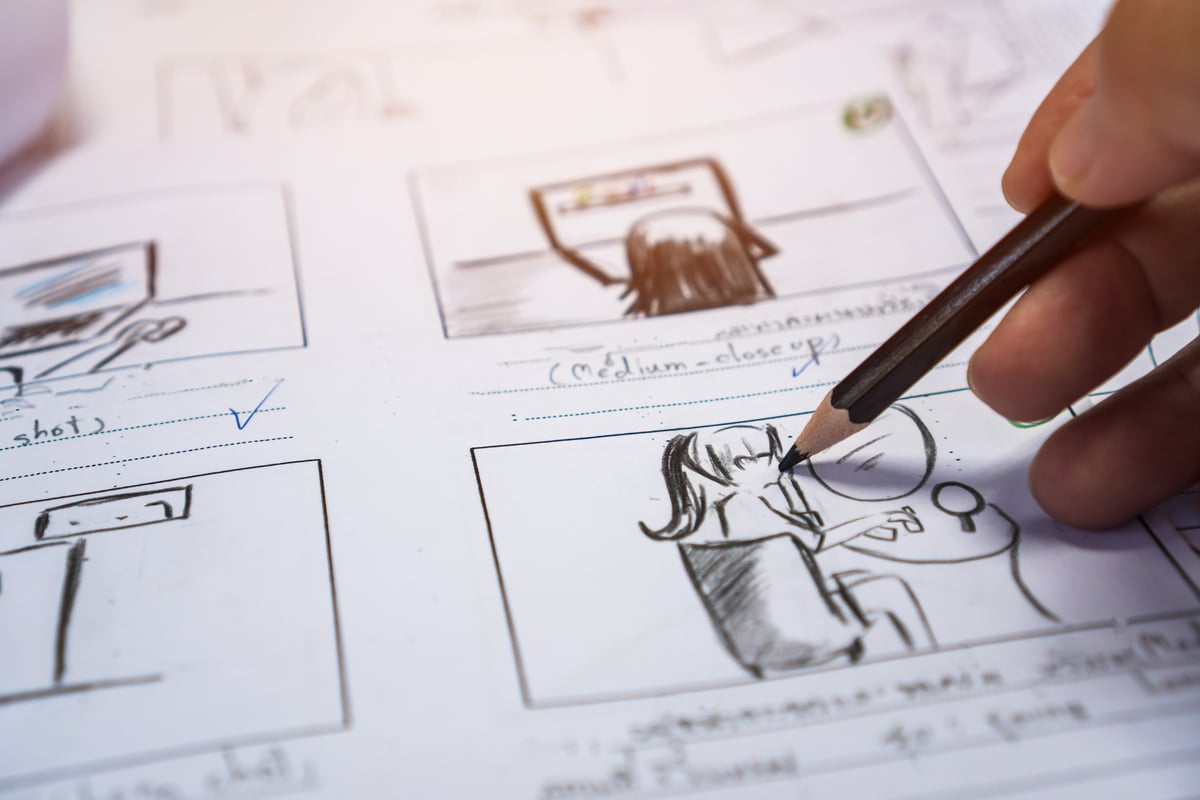 Hands on Storyboard movie layout for pre-production, storytelling drawing creative for process production media films. Script video editors and writing graphic in form displayed in maker shooting